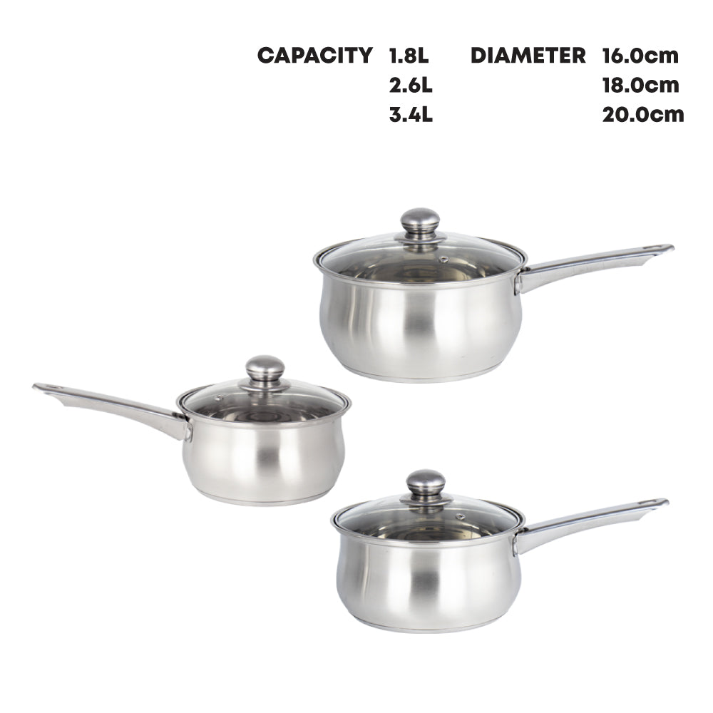 SQ Professional Lustro Stainless Steel Saucepan Set of 3 Silver 10657 (Big Parcel Rate)