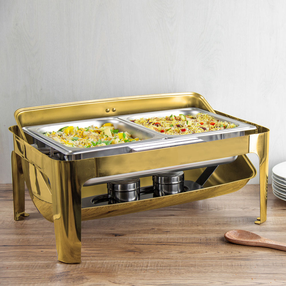 SQ Professional Banquet Chafing Dish with Roll Top Double Compartment Oblong Gold 2 x 4.5L 10857 (Big Parcel Rate)