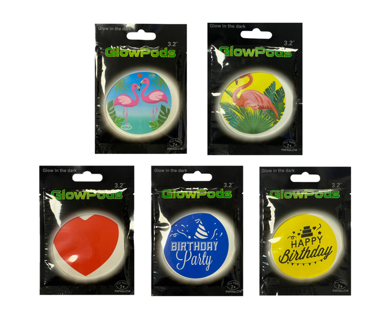 Glow In The Dark Round Sticker Glow Pod 3.2" Assorted Designs 5265 (Parcel Rate)