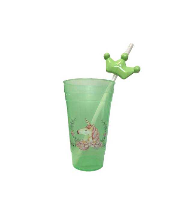 Reusable Plastic Drinking Cup with Straw and Printed Design 15 cm Assorted Designs 7531 (Parcel Rate)