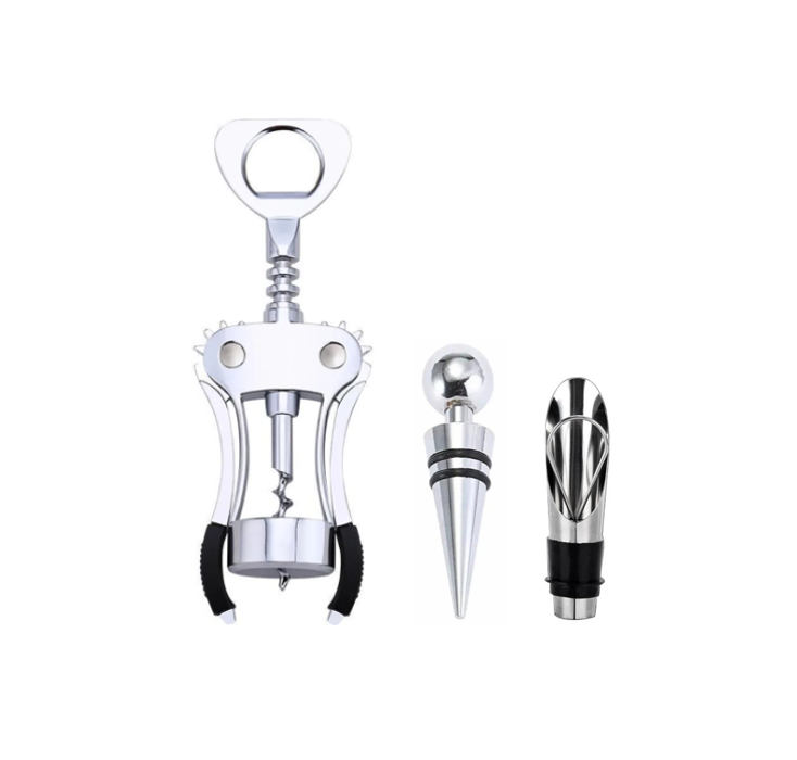 Metal Wing Corkscrew Wine Bottle Opener Set with Stopper and Wine Pourer 18 cm 7635 (Parcel Rate)