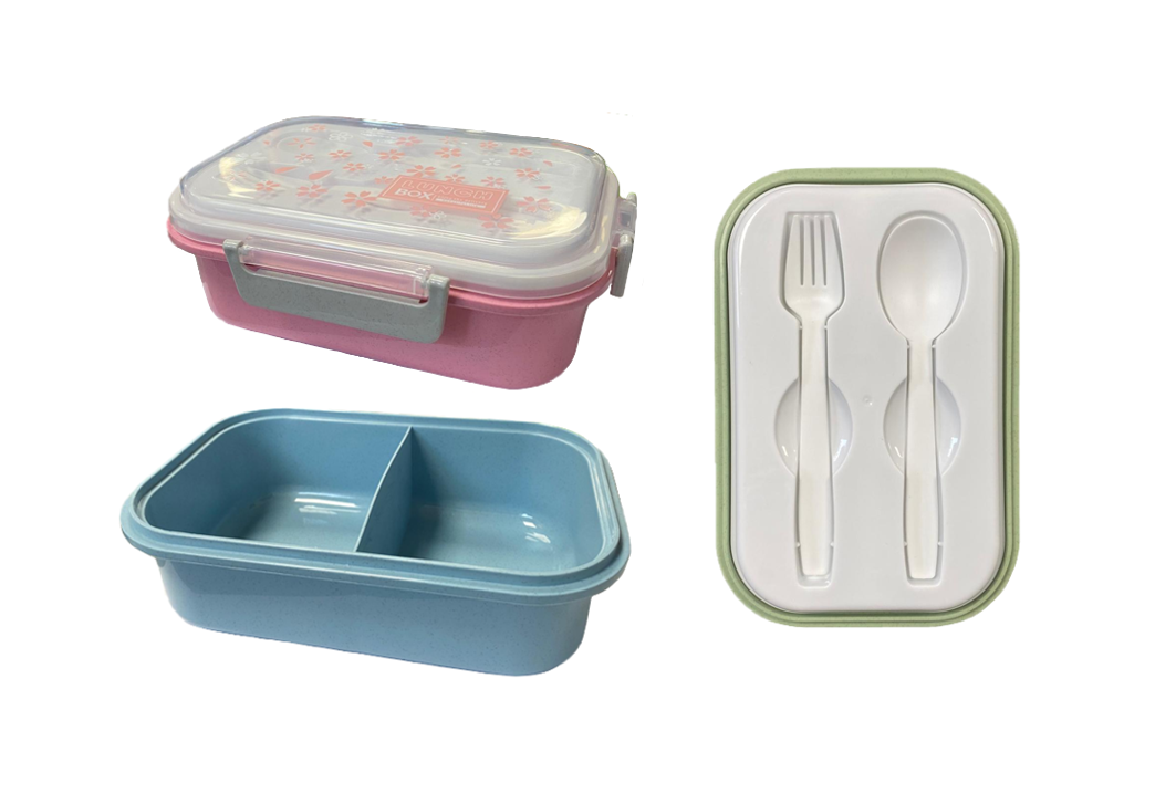 Plastic 2 Compartment Lunch Box with Cutlery 21 x 14 x 6 cm Assorted Colours 7783 (Parcel Rate)