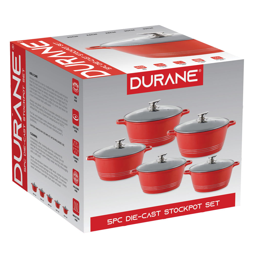 Durane Die Cast Stock Pot Set of 5 Red 20 - 32 cm 9320 (Big Parcel Rate)