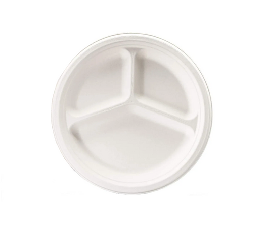 Disposable Compostable Eco-Bio Bagasse Sugarcane 3 Compartment Plates 10" Pack of 8 EC1963 (Parcel Rate)