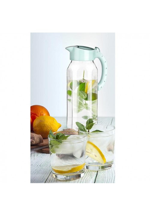 TTZ Ala Glass Water Drinking Jug with Long Plastic Handle and Attached Lid 1.5L Assorted Colours KC102 (Parcel Plus Rate)