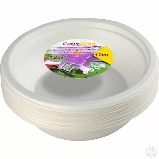 Disposable Compostable Eco-Bio Bagasse Sugarcane Bowls 12oz Pack of 12 ST80369 (Parcel Rate)