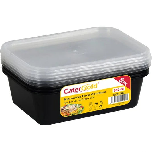 CaterGold Black Base Plastic Food Storage Containers 650cc Pack of 5 ST81260 (Parcel Rate)