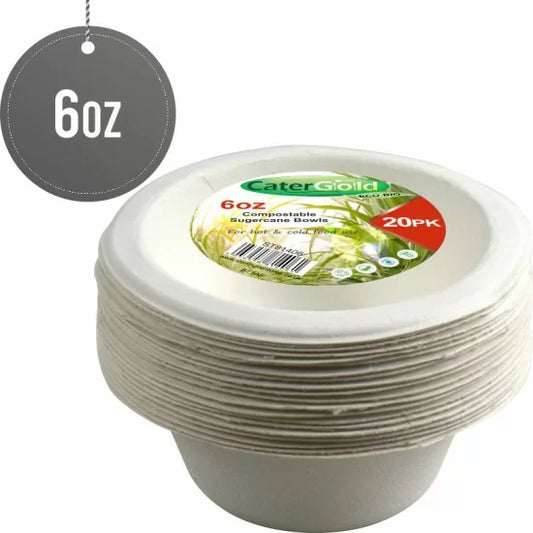 Small Disposable Compostable Eco-Bio Bagasse Sugarcane Bowls 6oz Pack of 20 ST81406 (Parcel Rate)