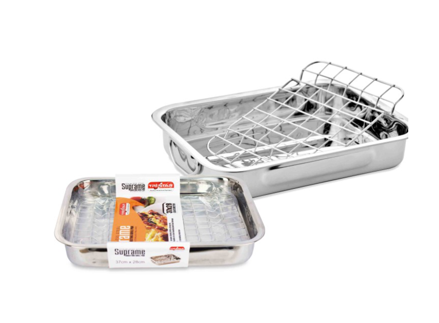 Stainless Steel Roasting Lasagne Tray Grill Pan with Handless and Rack 37cm x 28 CM  TS34611 (Parcel Rate)