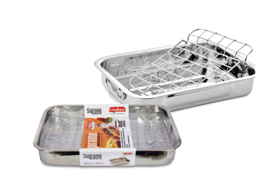 Stainless Steel Roasting Lasagne Tray Grill Pan with Handless and Rack 42cm x32 cm TS34612 (Parcel Rate)