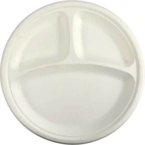 Disposable Compostable Eco-Bio Bagasse Sugarcane 3 Compartment Plates 10" Pack of 100 ST81812 (Parcel Rate)