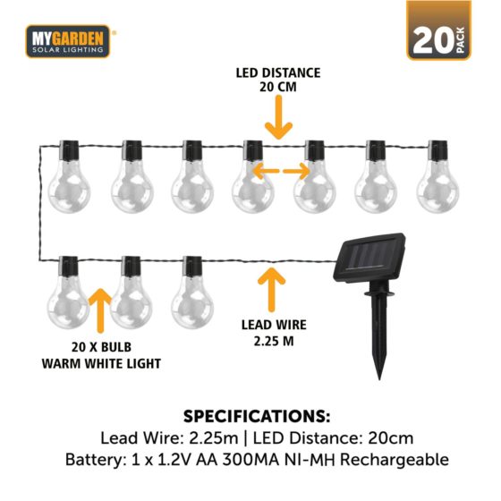 Garden Bulb String Lights 20 Pack 7 Metre White LED 1056 (Parcel Rate)