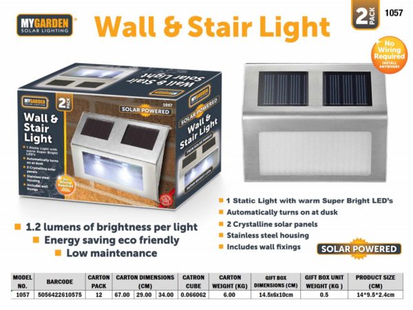 Garden Wall & Stair Light 2 Pack LED Solar Energy 1057 (Parcel Rate)