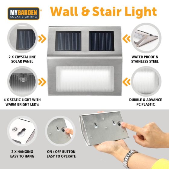 Garden Wall & Stair Light 2 Pack LED Solar Energy 1057 (Parcel Rate)