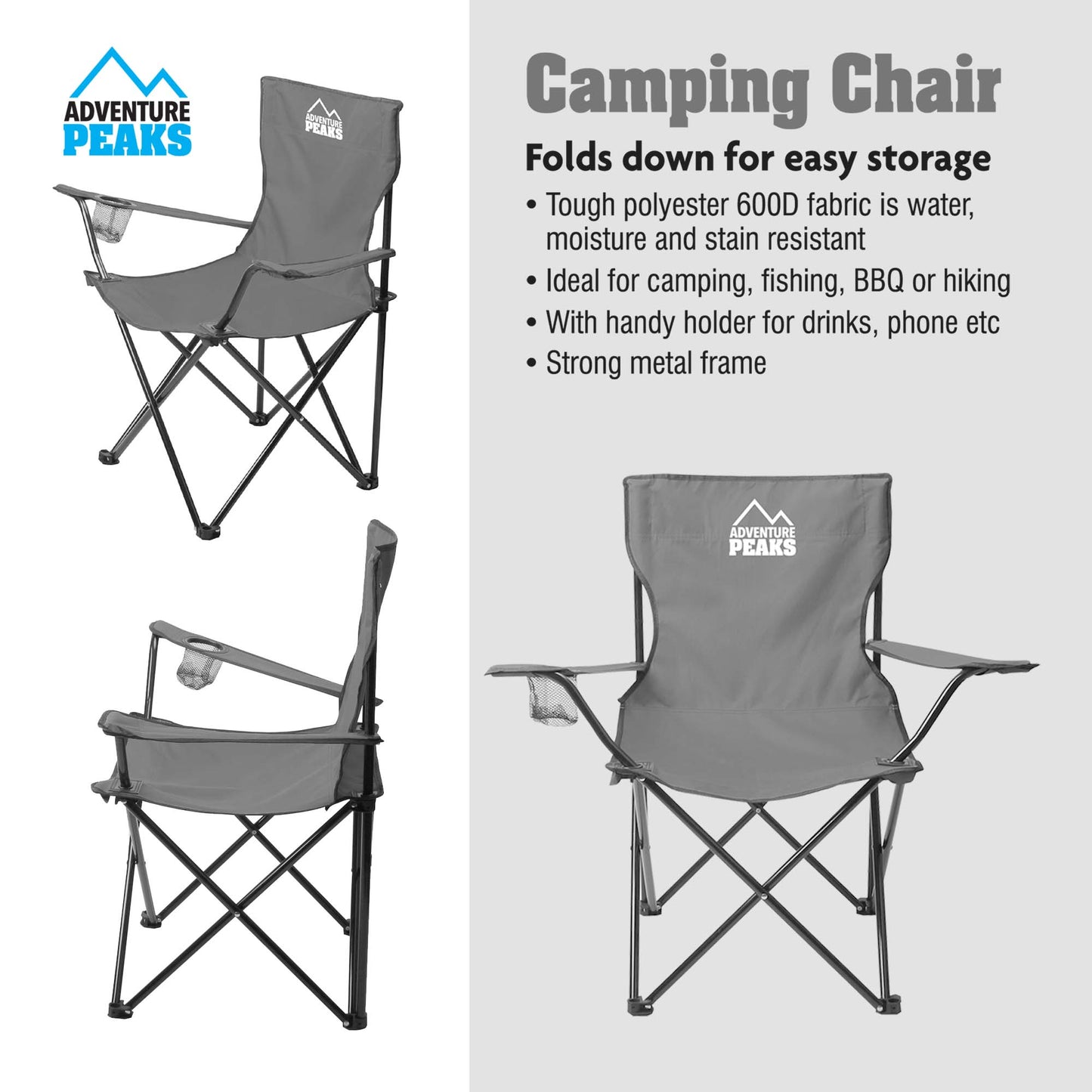 Foldable Outdoor Garden Camping Chair with Carry Bag 50 x 50 x 80 cm Grey 1433 (Big Parcel Rate)