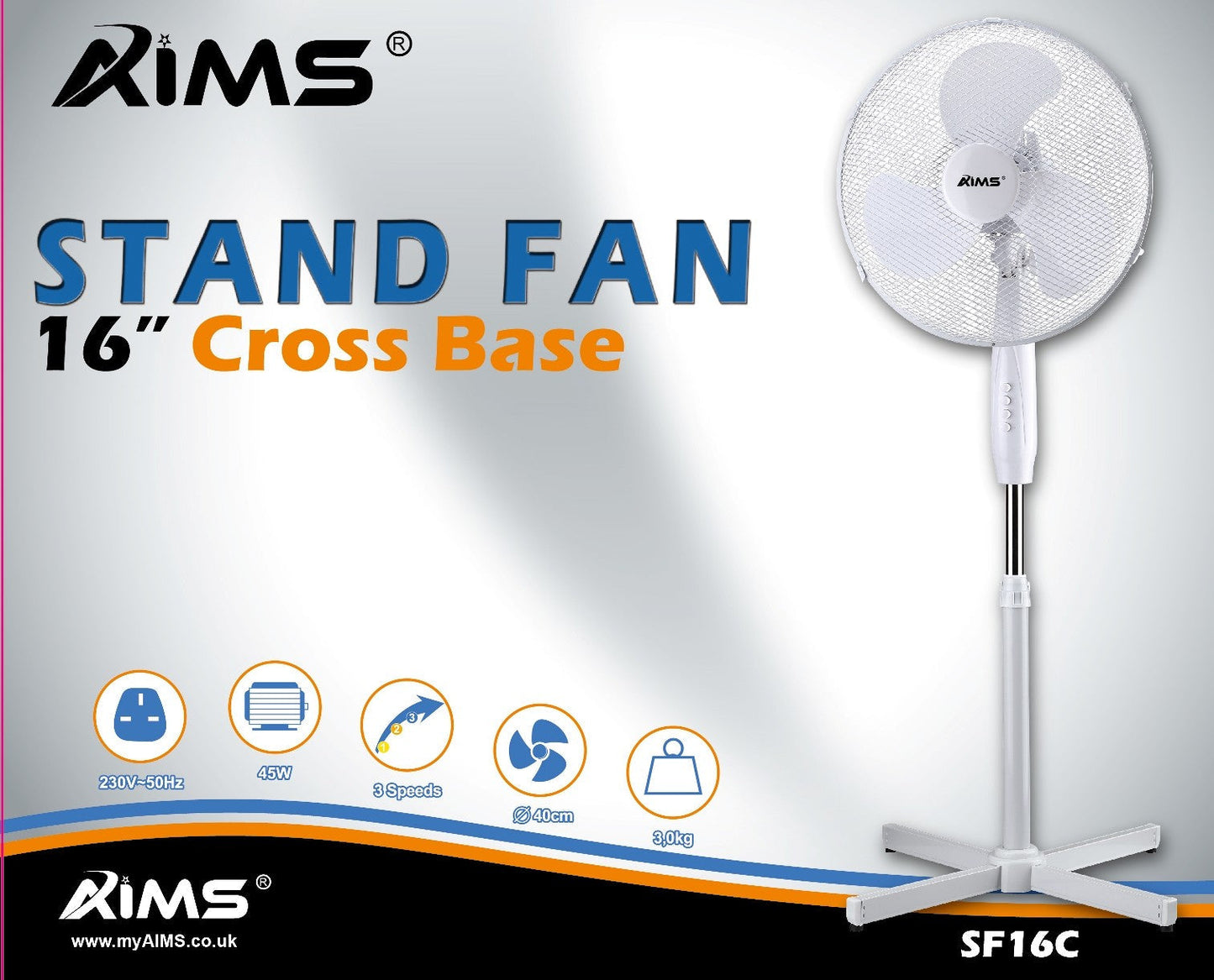 16" Cross Base Stand Fan 3 Speed White SF16C (Parcel Rate)