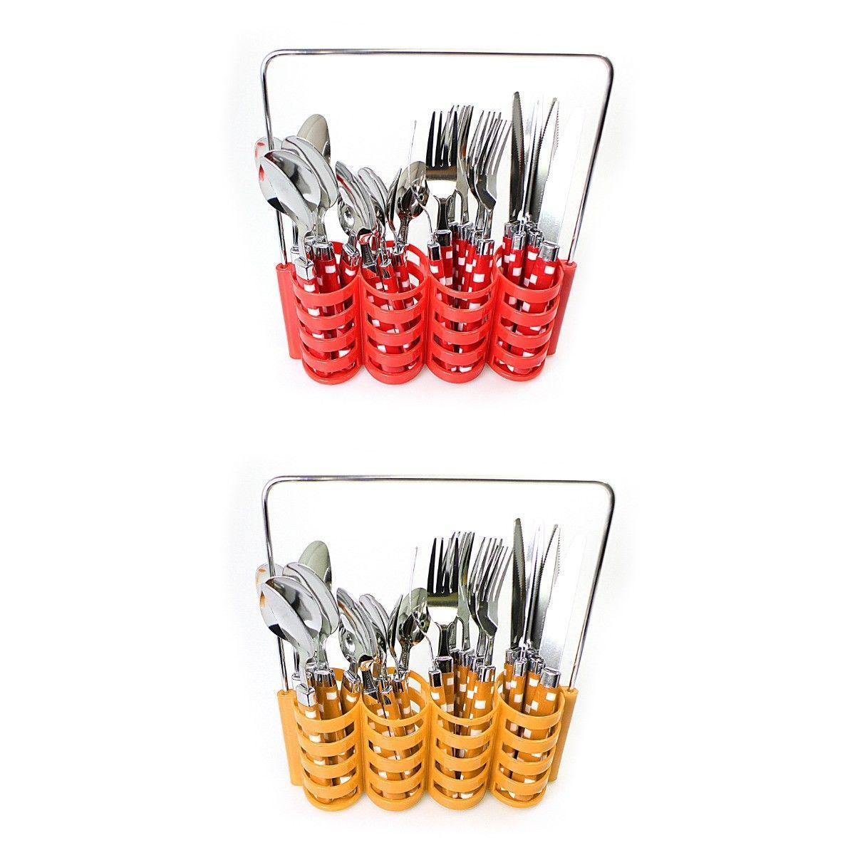 Stainless Steel Cutlery Set of 24 with Cutlery Holder Rack Assorted Colours 4186 (Parcel Rate)