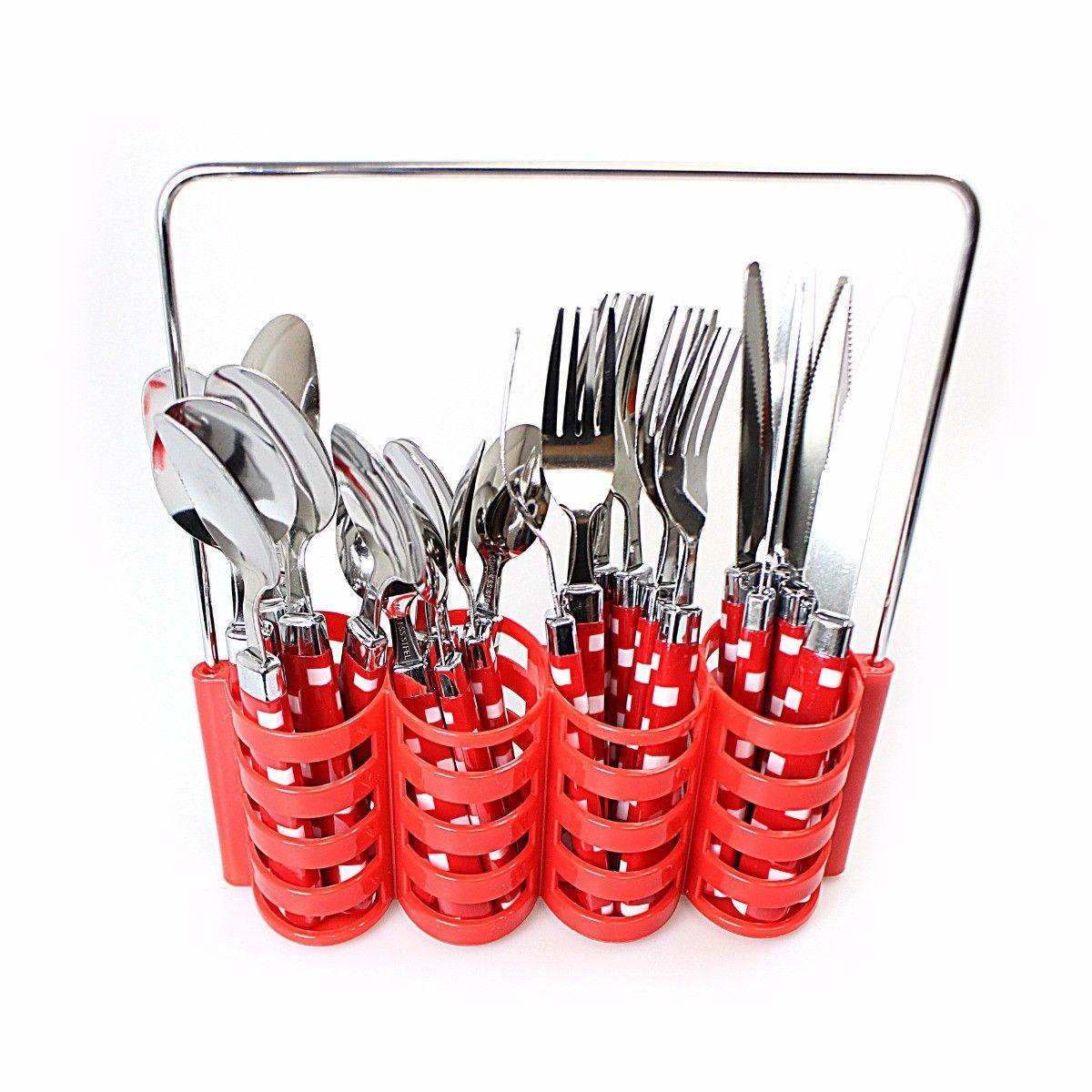 Stainless Steel Cutlery Set of 24 with Cutlery Holder Rack Assorted Colours 4186 (Parcel Rate)