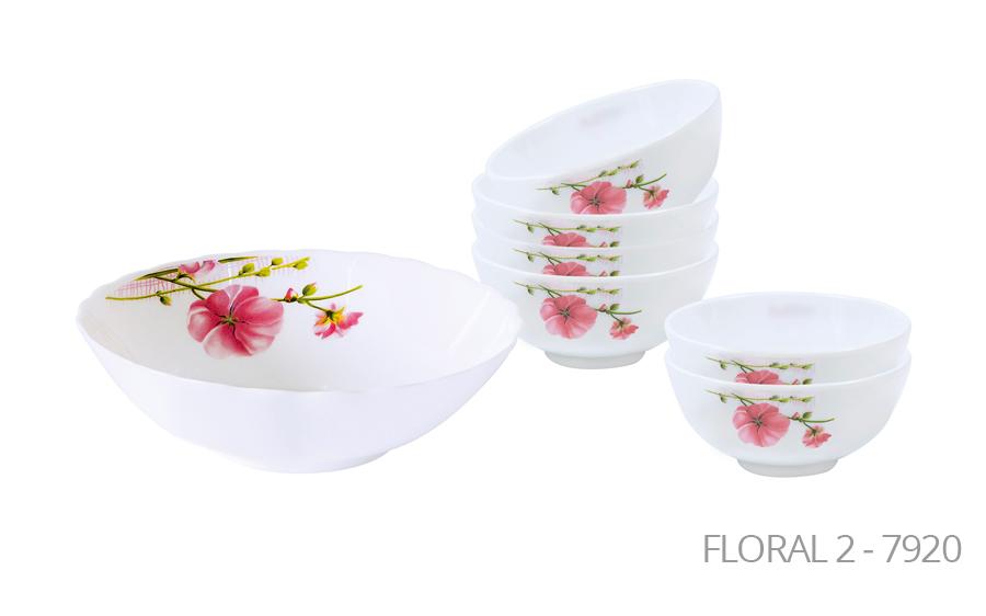 Aria Opal Glass Soup Set of 7 Pink Floral 7920 (Big Parcel Rate)