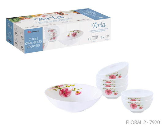 Aria Opal Glass Soup Set of 7 Pink Floral 7920 (Big Parcel Rate)