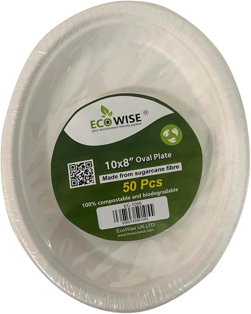 Disposable Compostable Eco-Bio Bagasse Sugarcane Oval Plate 10 x 8" Pack of 50 EC1055 (Parcel Rate)