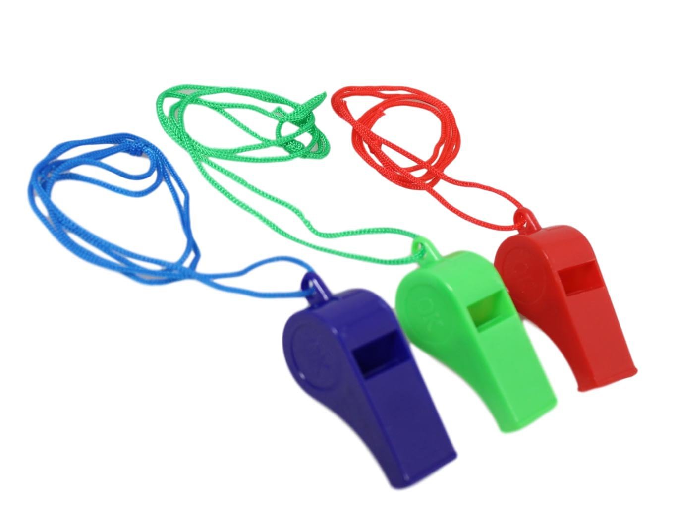 Plastic Whistles with Neck Cord Pack of 3 Assorted Colours 5564 A (Parcel Rate)