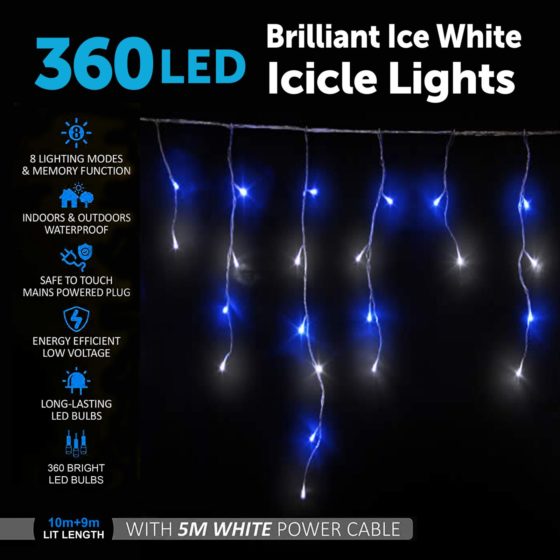 360LED Ice White and Blue Icicle Lights 6051 (Parcel Rate)