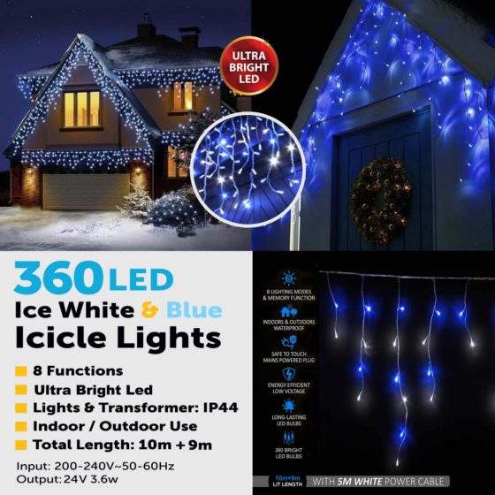 360LED Ice White and Blue Icicle Lights 6051 (Parcel Rate)