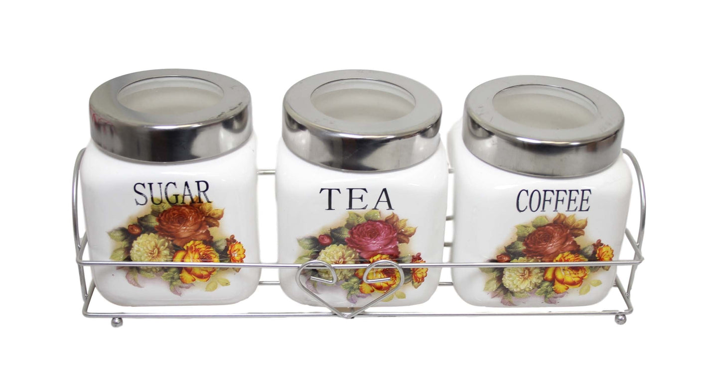 Kitchen Sugar Tea Coffee Storage Cannisters Jars with Floral Print 10 x 8 cm Set of 3 6437 (Parcel Rate)