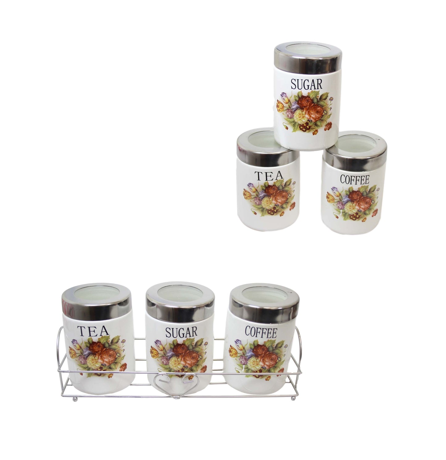 Kitchen Sugar Tea Coffee Storage Cannisters Jars with Floral Print 11 x 8 cm Set of 3 440 (Parcel Rate)