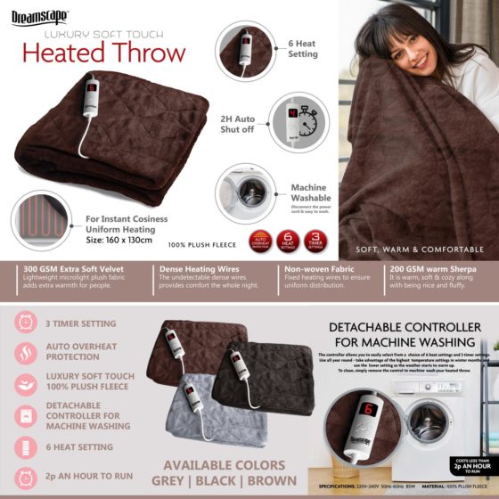 Luxury Soft Touch Electric Heated Throw Blanket 160 x 130 cm 6504 (Parcel Rate)