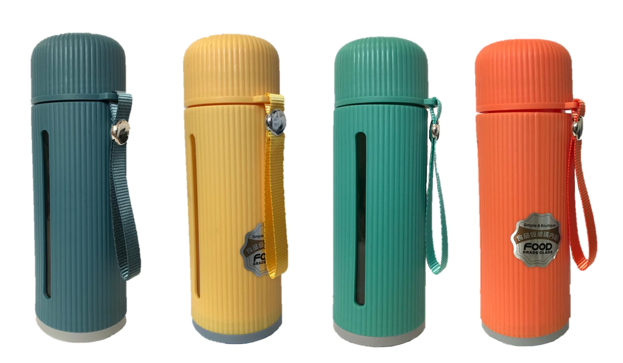 Glass / Plastic Water Bottle Flask with Strap 500 ml 21 x 7 cm Assorted Colours 7218 A  (Parcel Rate)