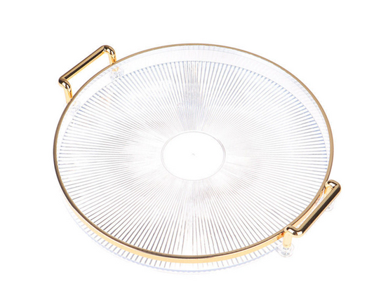 Round Transparent Plastic Serving Tray with Gold Rim and Handles 28 cm 7353 (Parcel Rate)