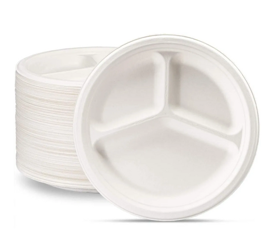 Disposable Compostable Eco-Bio Bagasse Sugarcane 3 Compartment Plates 9" Pack of 25 EC1680 (Parcel Rate)