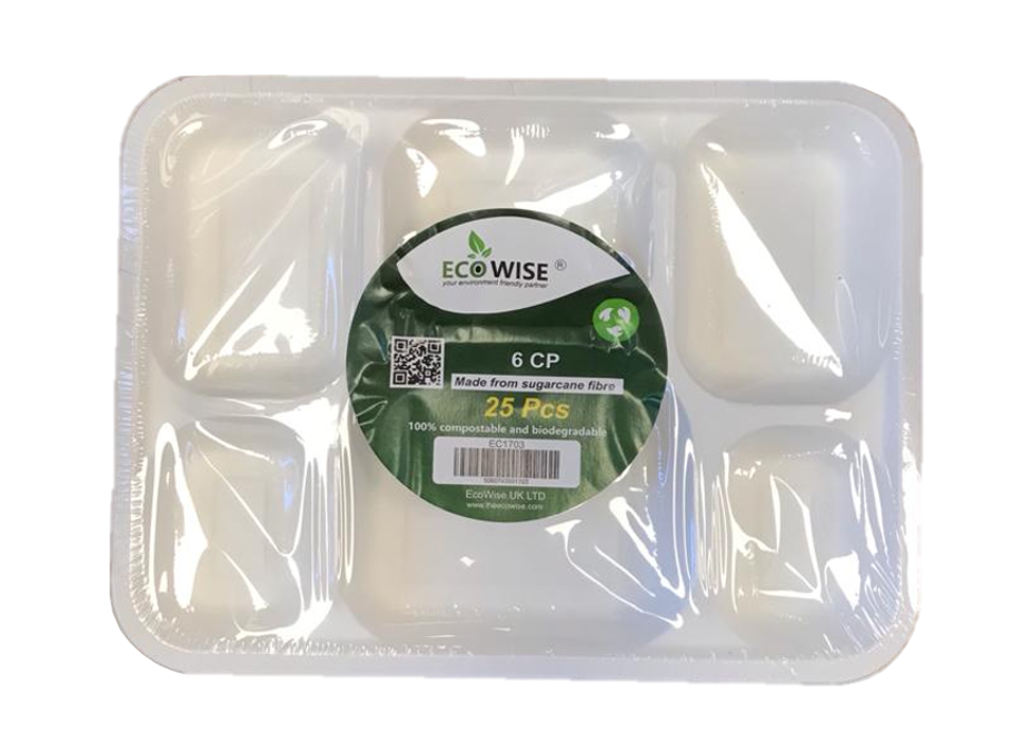 Disposable Compostable Eco-Bio Bagasse Sugarcane 6 Compartment Tray Pack of 25 EC1703 (Parcel Rate)