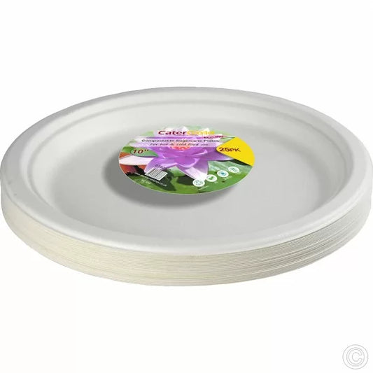 Disposable Compostable Eco-Bio Bagasse Sugarcane Plates 10" Pack of 25 ST80368 (Parcel Rate)