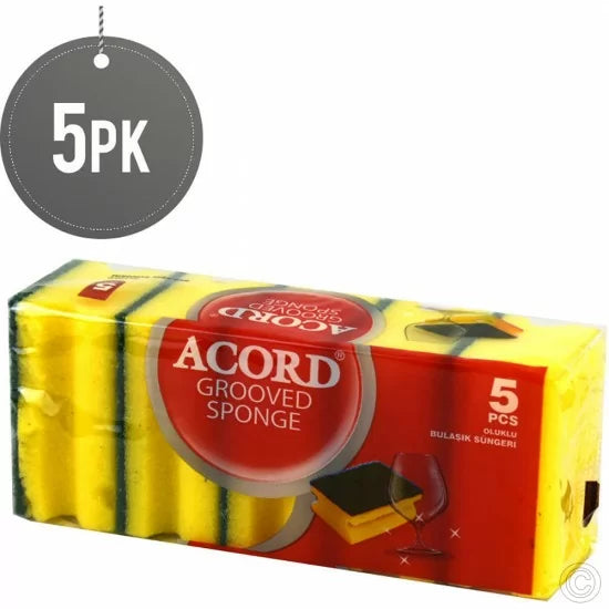 Accord Yellow Double Sided Grooved Kitchen Washing Up Sponges Scourers 9 x 4 cm Pack of 5 STR521 (Parcel Rate)