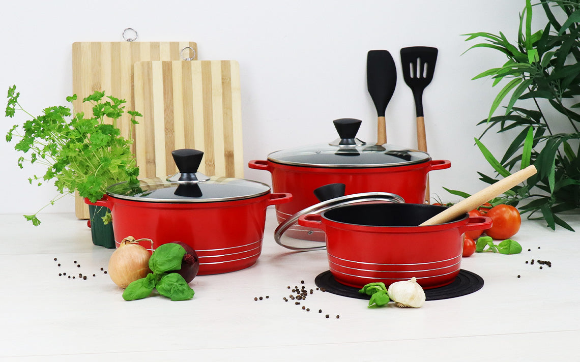 Laria Non Stick Die Cast Stockpot Pan Set 3pcs Red 10568 / AA2211 (Big Parcel Rate)