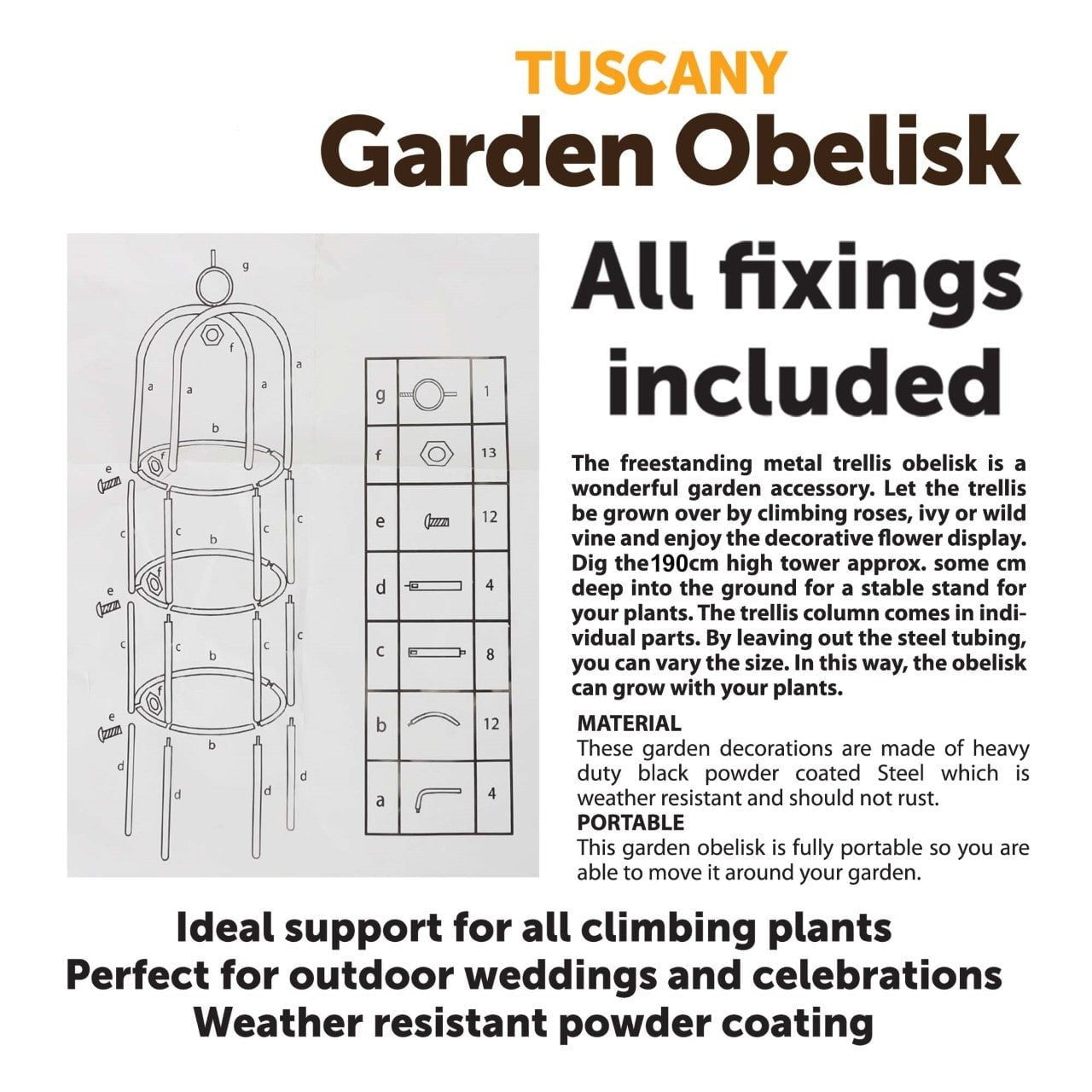 Tuscany Garden Obelisk All Fixings Included Garden Essential 1023 (Parcel Rate)