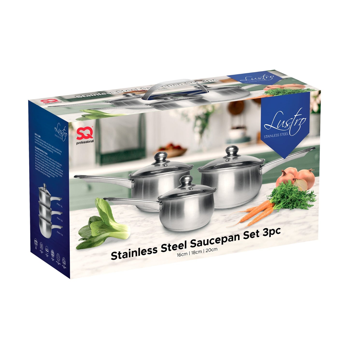 SQ Professional Lustro Stainless Steel Saucepan Set of 3 Silver 10657 (Big Parcel Rate)