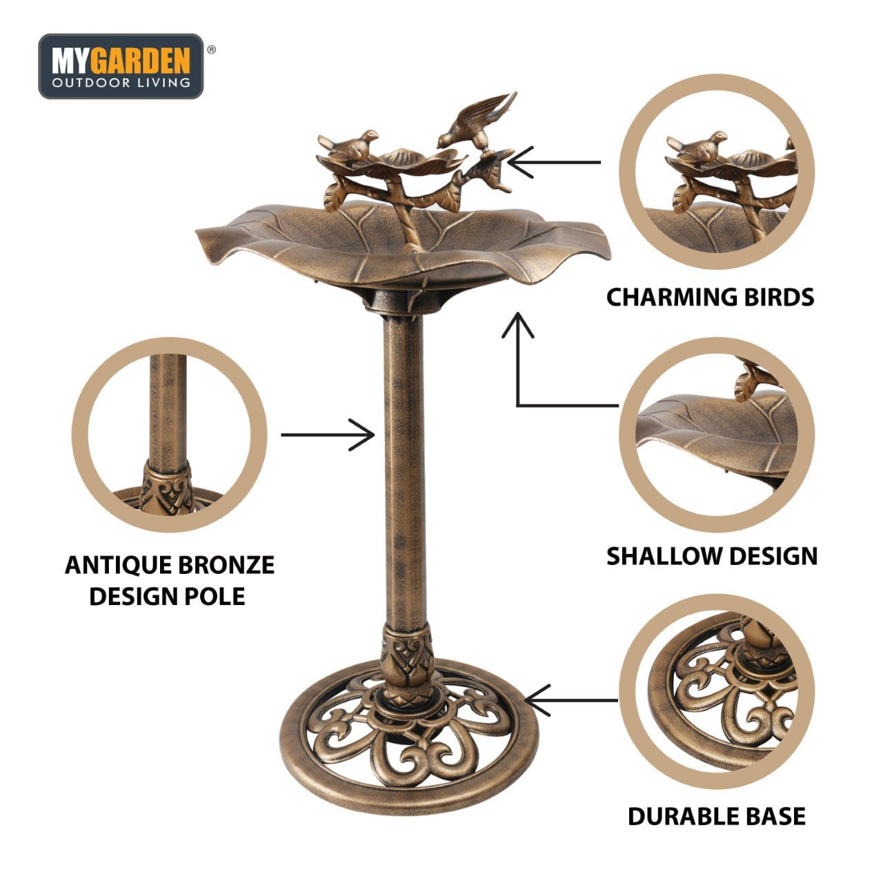 Traditional Weatherproof Bronze Effect Garden Bird Bath 1036 (Parcel Rate)