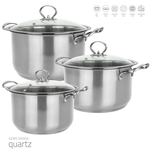 SQ Professional Gems Stainless Steel Stockpot Set 3pc Quartz 26-28-30cm 9580 (Big Parcel Rate)